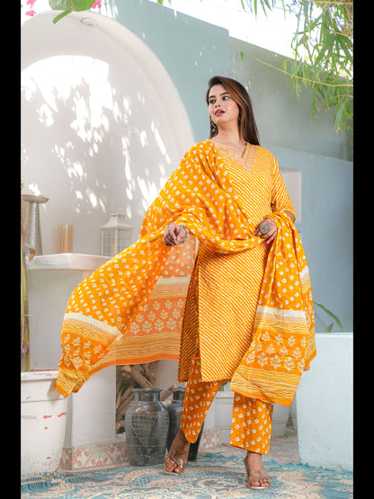 Mustard Straight Printed Cotton Kurta Bottom With Dupatta