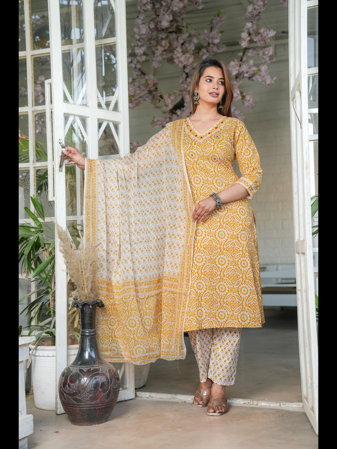 Mustard Straight Printed Cotton Kurta Bottom With Dupatta