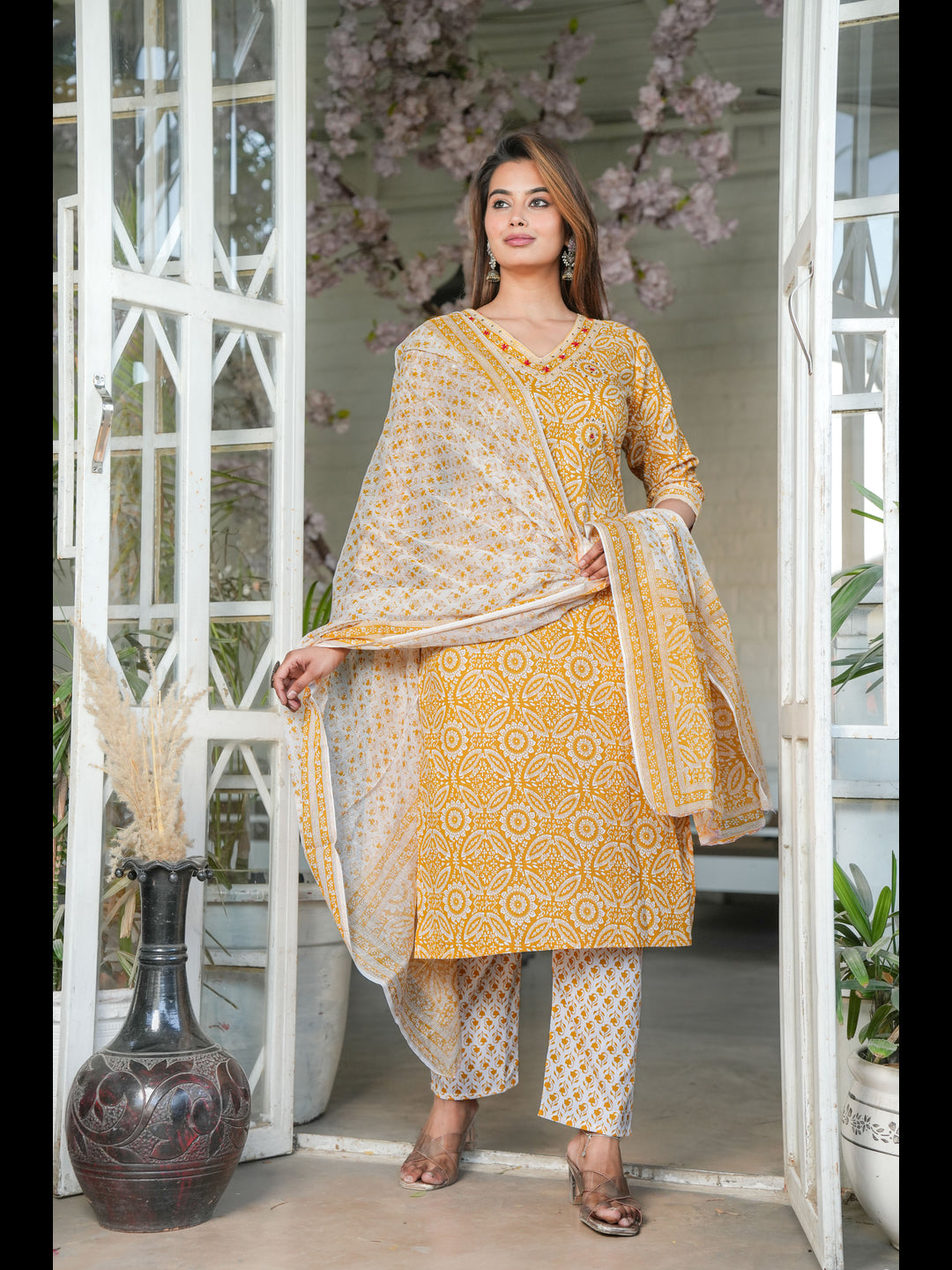 Mustard Straight Printed Cotton Kurta Bottom With Dupatta