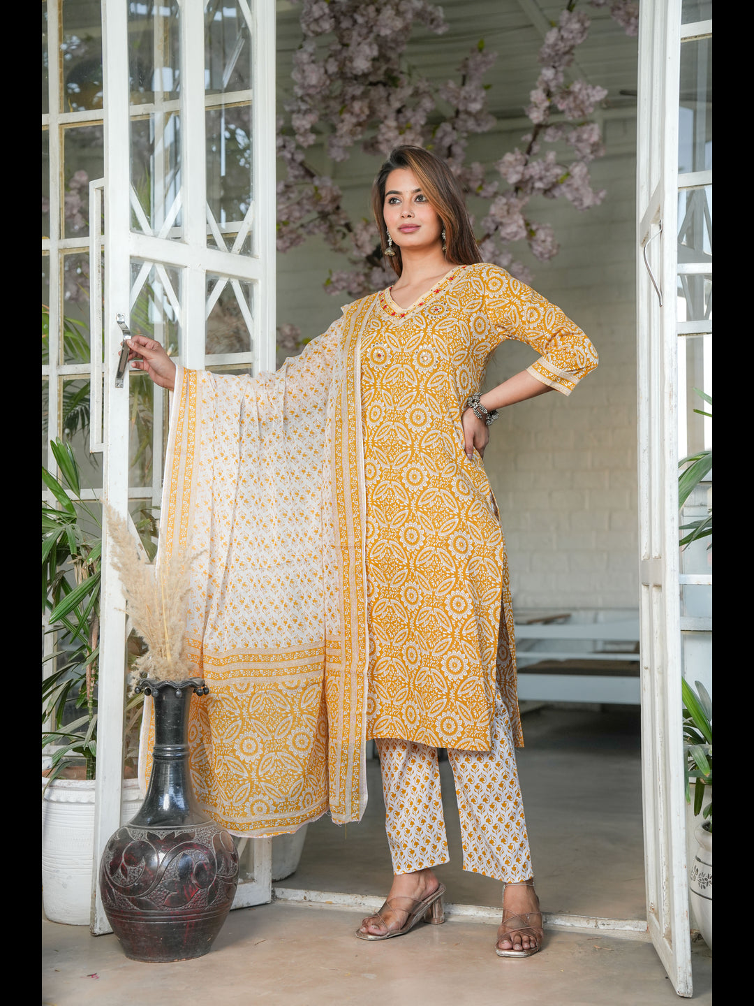 Mustard Straight Printed Cotton Kurta Bottom With Dupatta