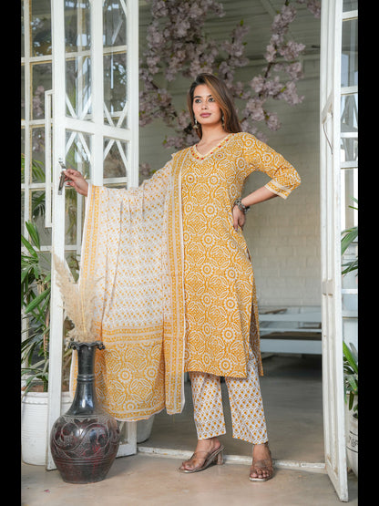 Mustard Straight Printed Cotton Kurta Bottom With Dupatta
