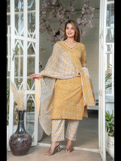 Mustard Straight Printed Cotton Kurta Bottom With Dupatta