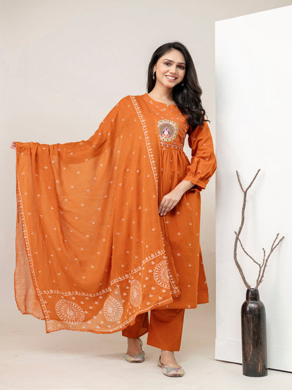 Rust Aline Cotton Printed Kurta With Pant And Dupatta