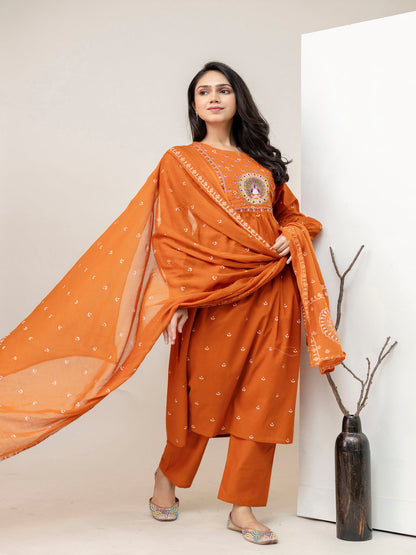 Rust Aline Cotton Printed Kurta With Pant And Dupatta