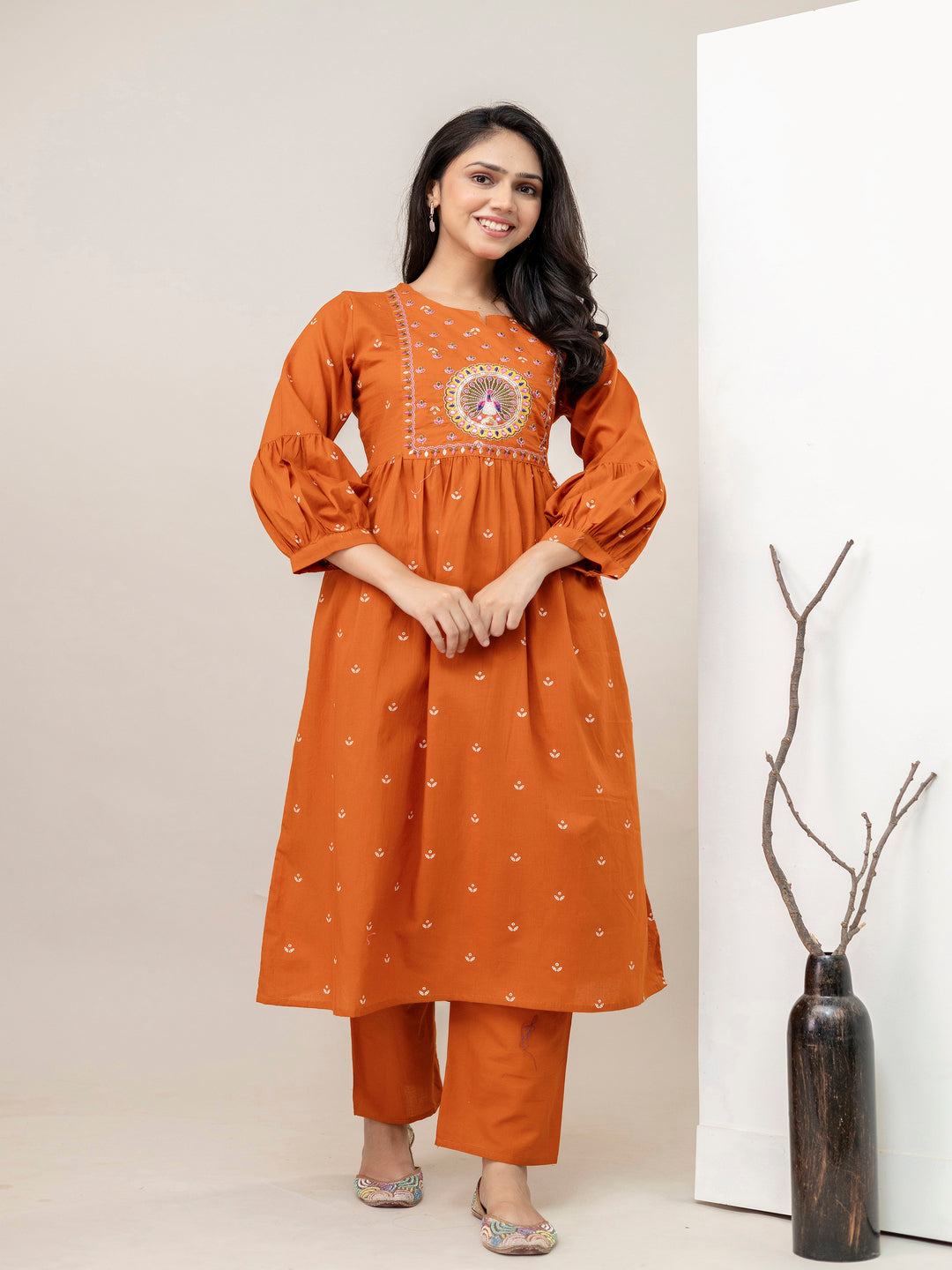Rust Aline Cotton Printed Kurta With Pant And Dupatta