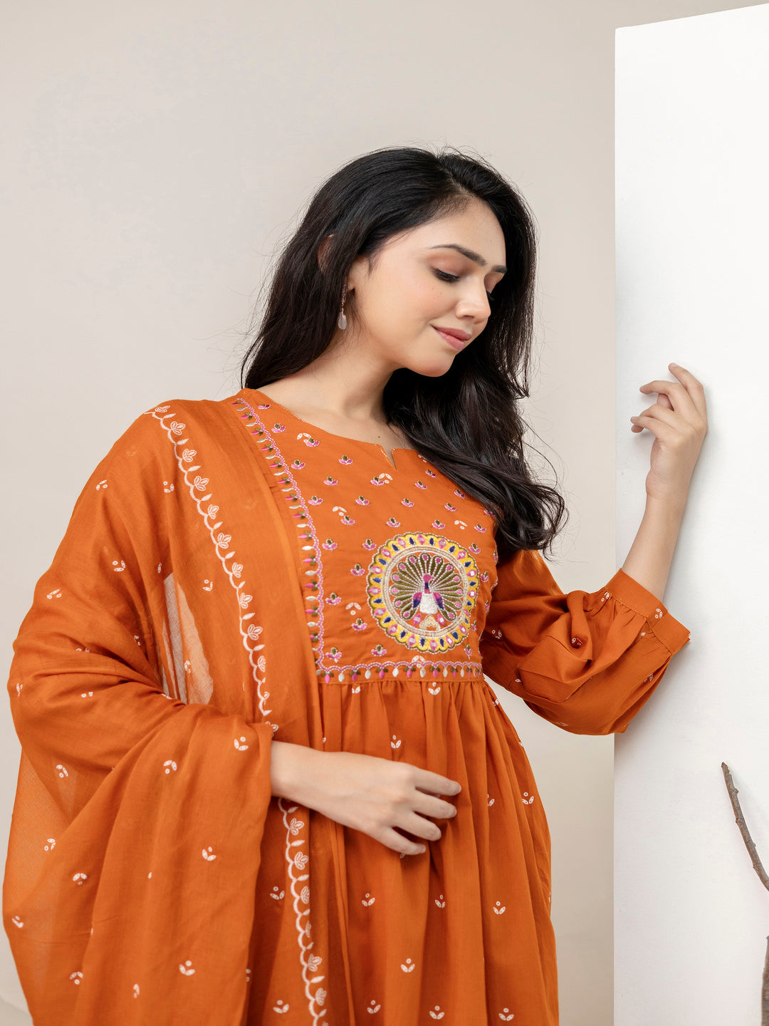 Rust Aline Cotton Printed Kurta With Pant And Dupatta