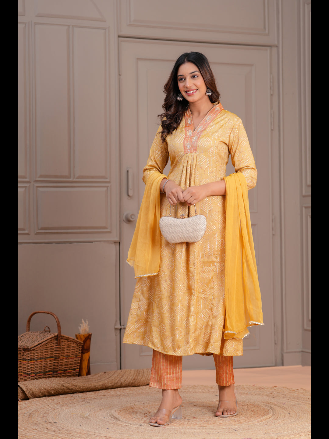 Mustard Printed A-Line Rayon Kurta With Pant And Dupatta