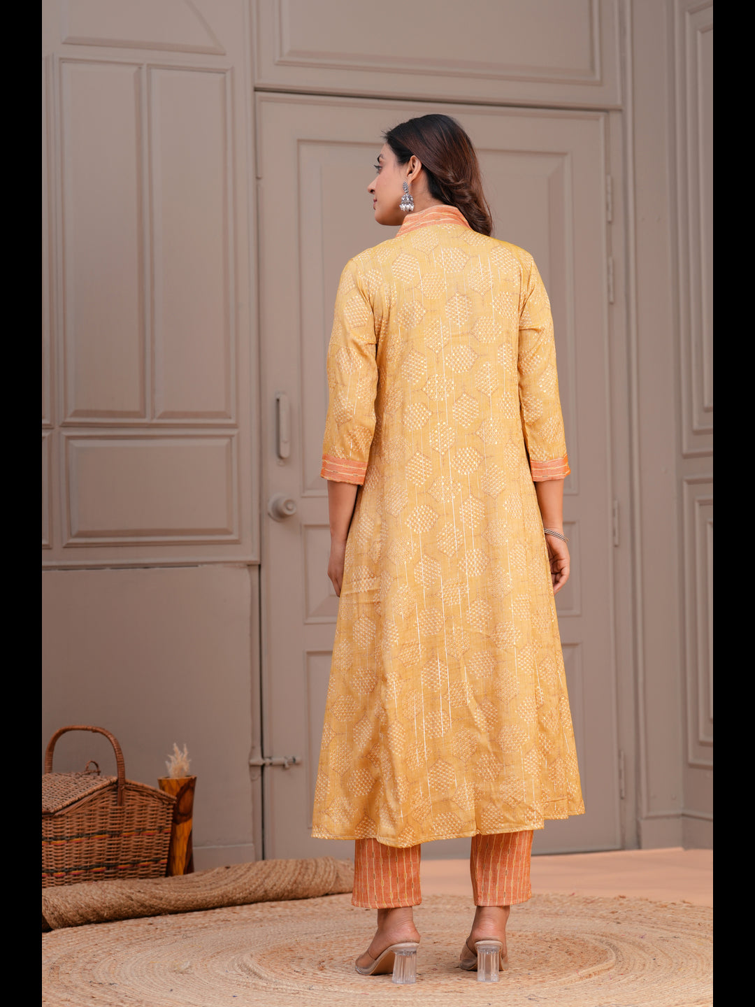 Mustard Printed A-Line Rayon Kurta With Pant And Dupatta