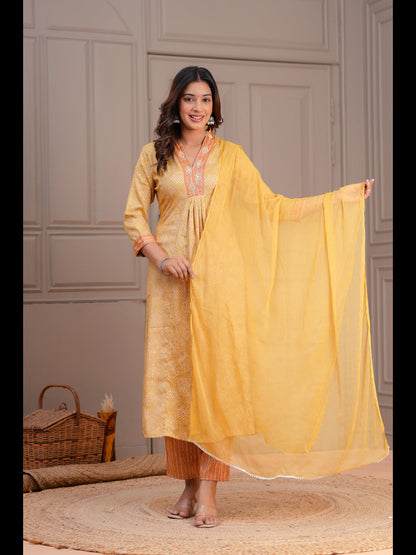 Mustard Printed A-Line Rayon Kurta With Pant And Dupatta