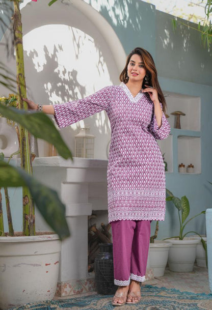 Wine Straight Cotton Embroidered Kurta With Pant
