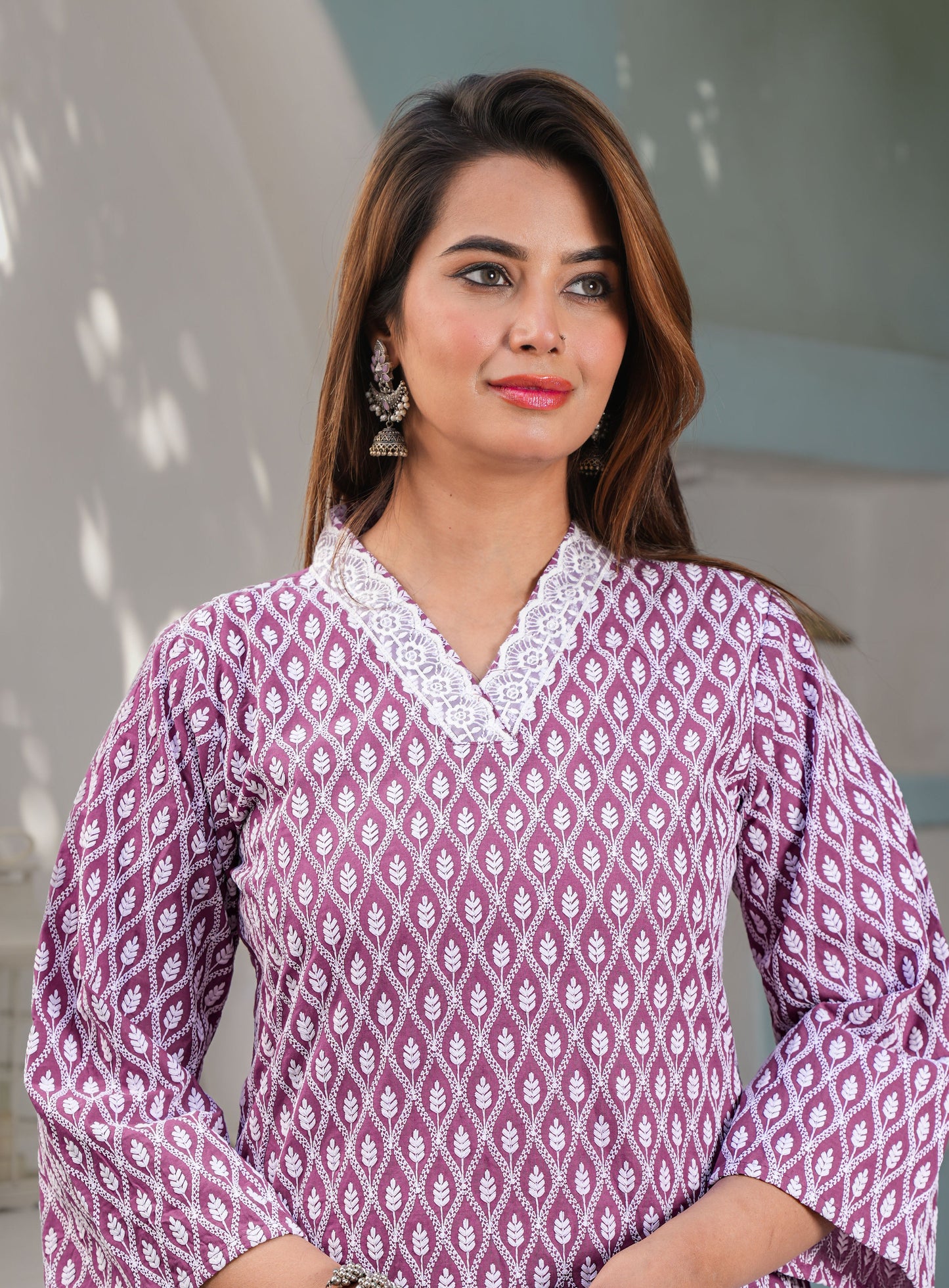 Wine Straight Cotton Embroidered Kurta With Pant