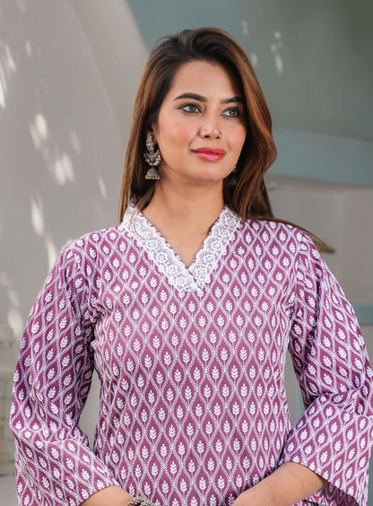 Wine Straight Cotton Embroidered Kurta With Pant