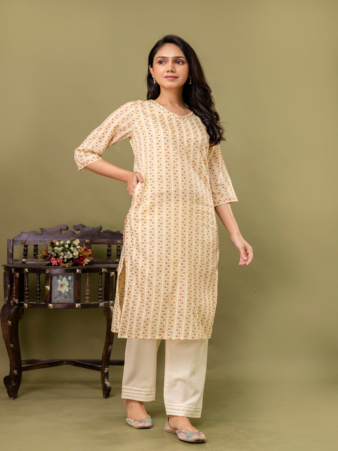 Peach Straight Cotton Printed Kurta With Pant