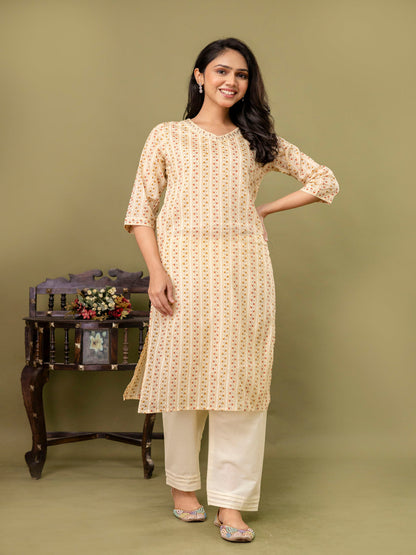 Peach Straight Cotton Printed Kurta With Pant