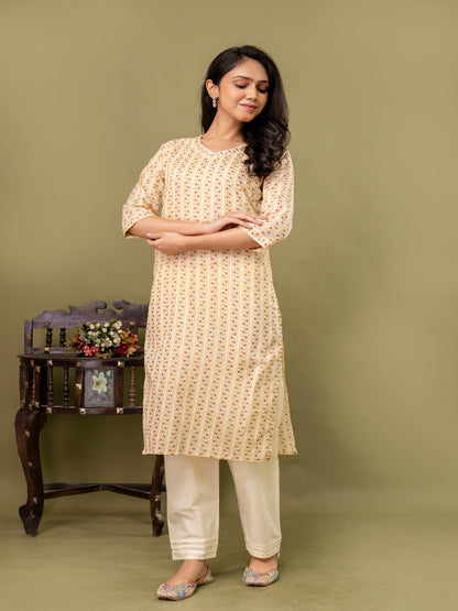 Peach Straight Cotton Printed Kurta With Pant
