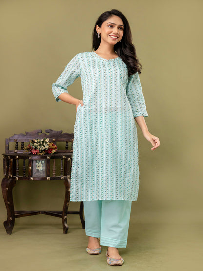 Blue Straight Cotton Printed Kurta With Pant