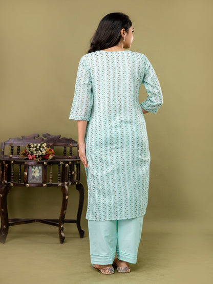 Blue Straight Cotton Printed Kurta With Pant