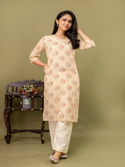 Beige Straight Cotton Printed Kurta With Pant