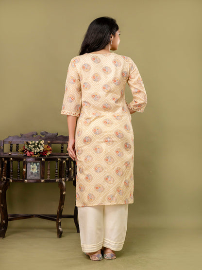 Beige Straight Cotton Printed Kurta With Pant