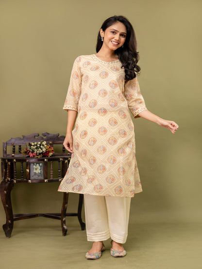 Beige Straight Cotton Printed Kurta With Pant