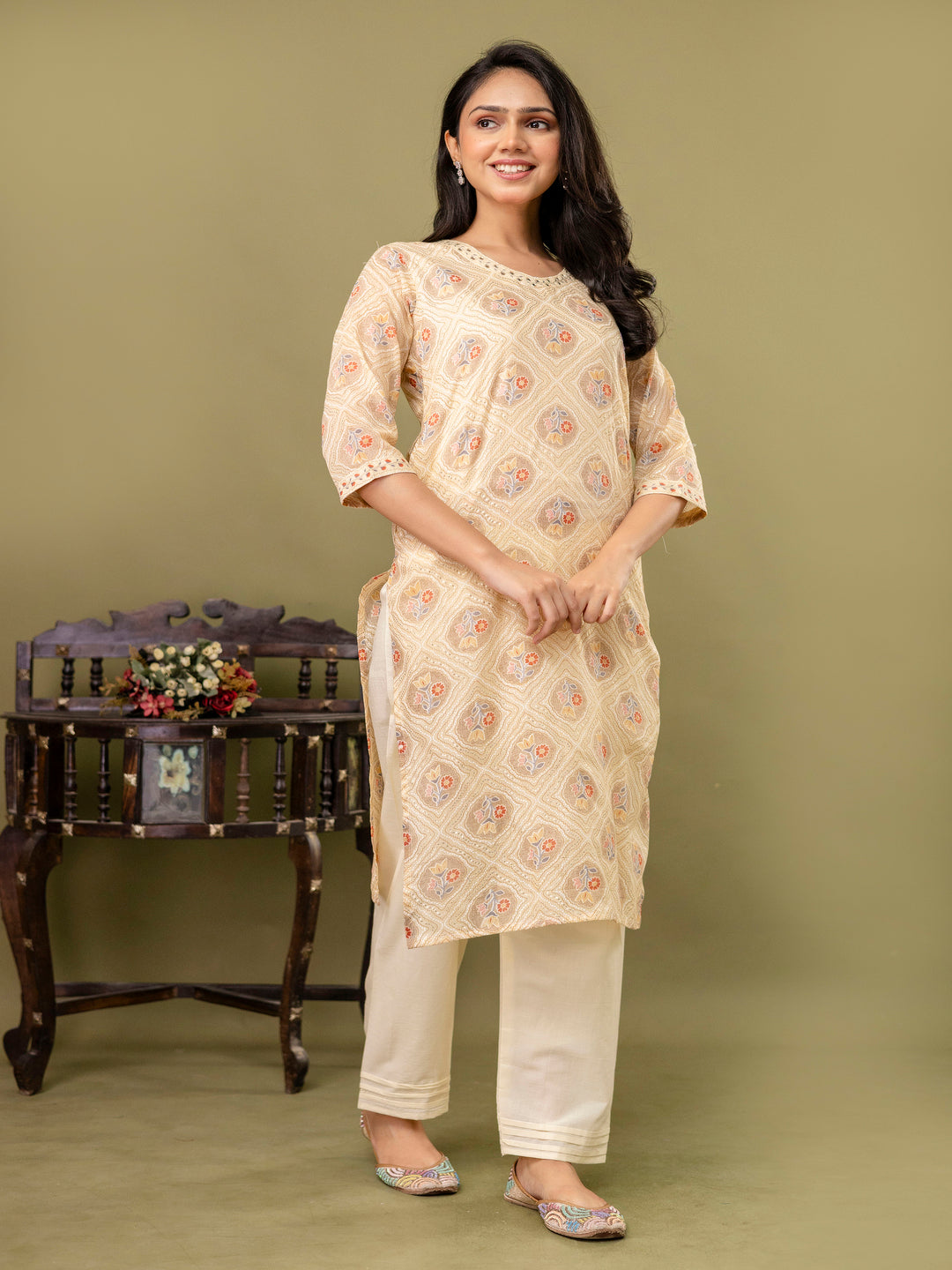 Beige Straight Cotton Printed Kurta With Pant