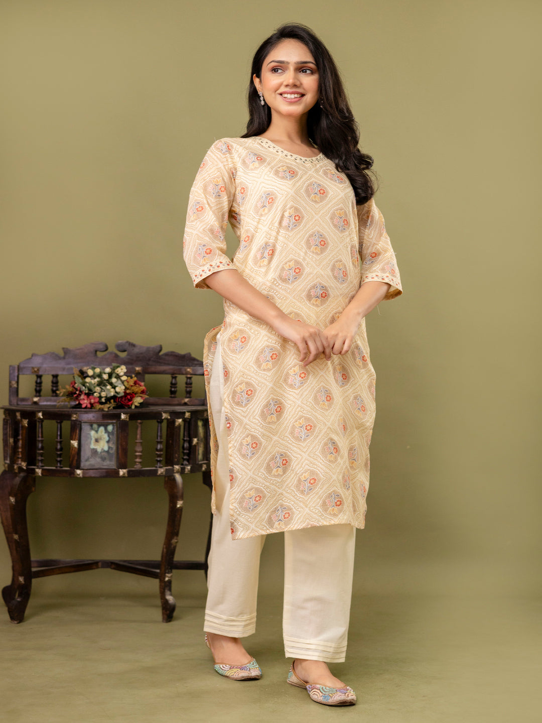 Peach Straight Cotton Printed Kurta With Pant