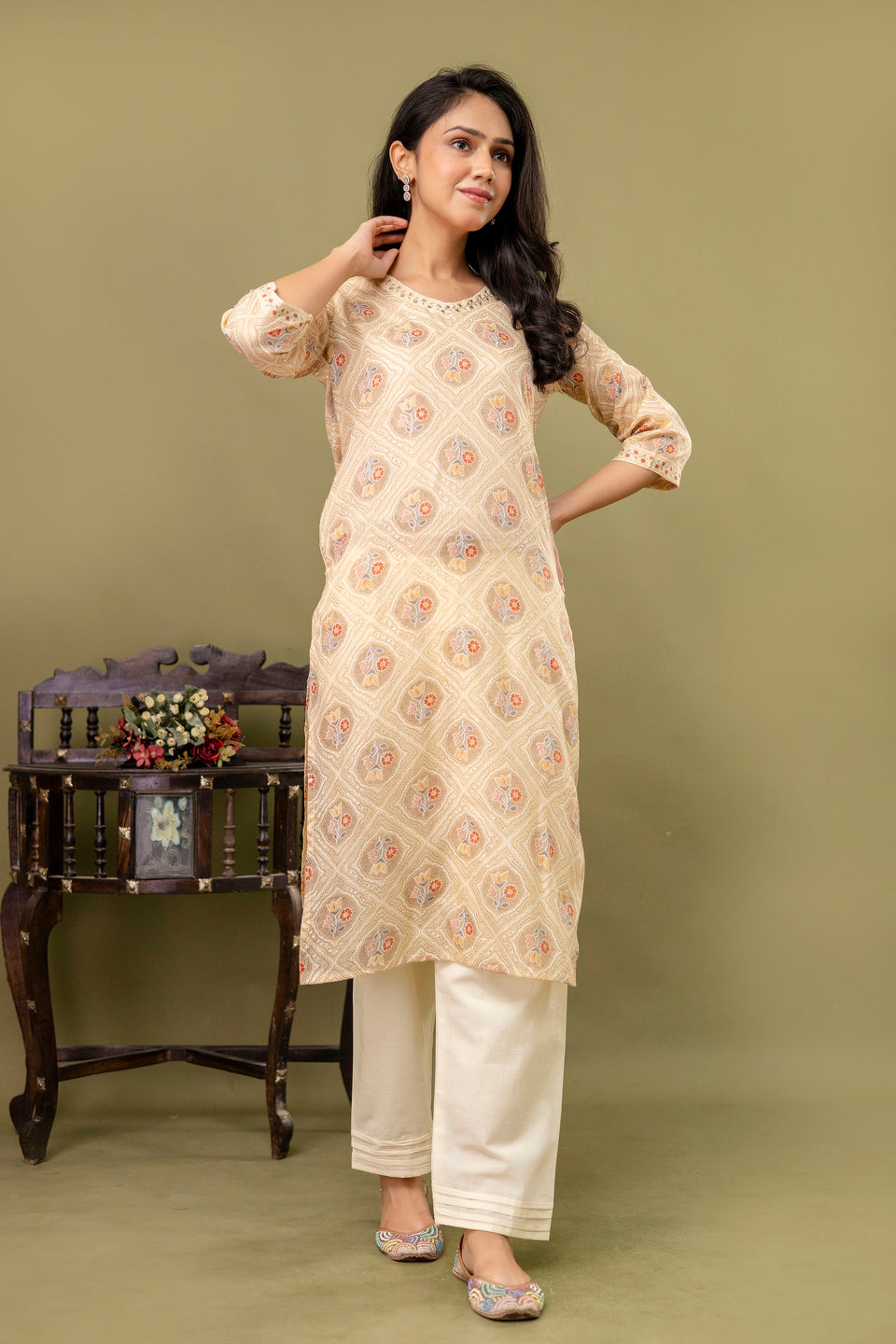 Peach Straight Cotton Printed Kurta With Pant