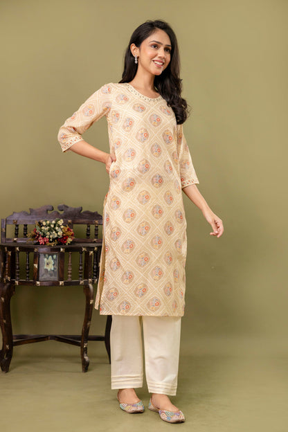 Peach Straight Cotton Printed Kurta With Pant