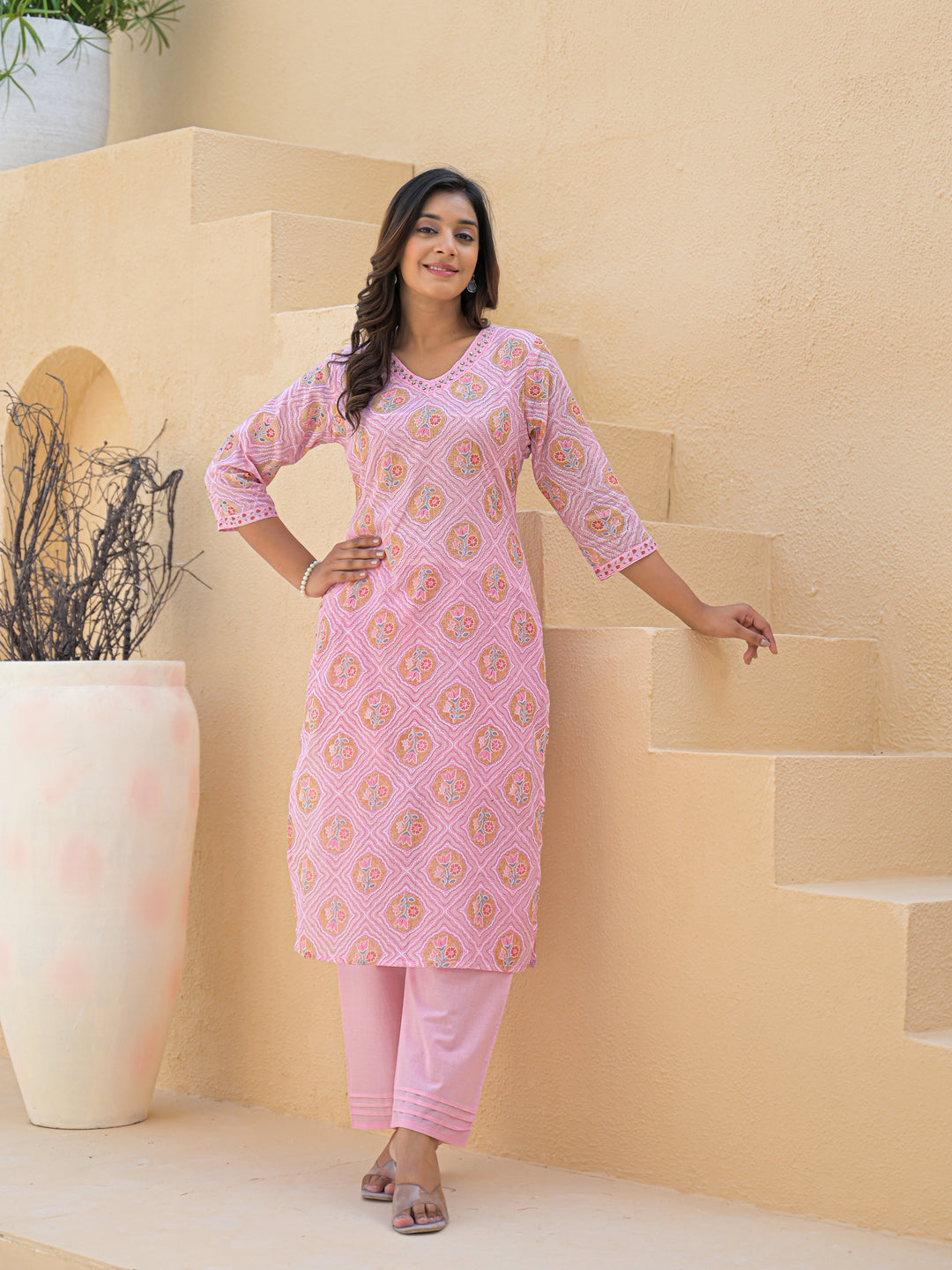 Pink Straight Cotton Printed Kurta With Pant