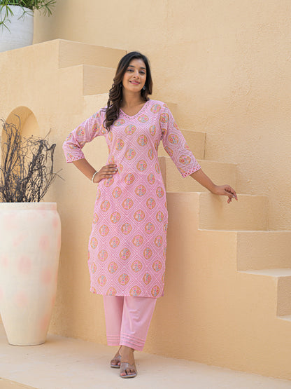 Pink Straight Cotton Printed Kurta With Pant