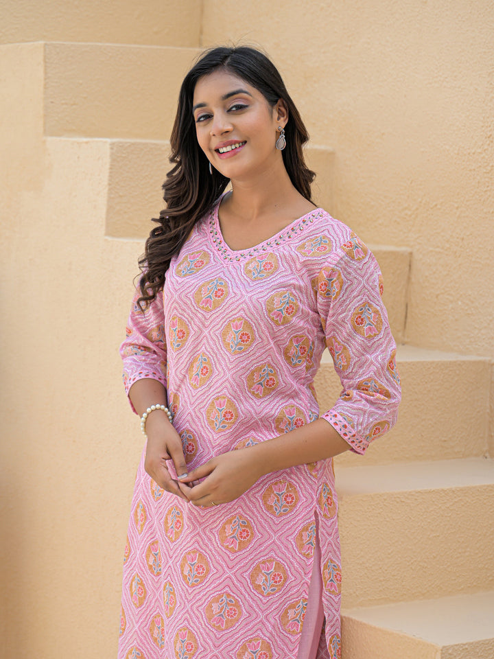 Pink Straight Cotton Printed Kurta With Pant