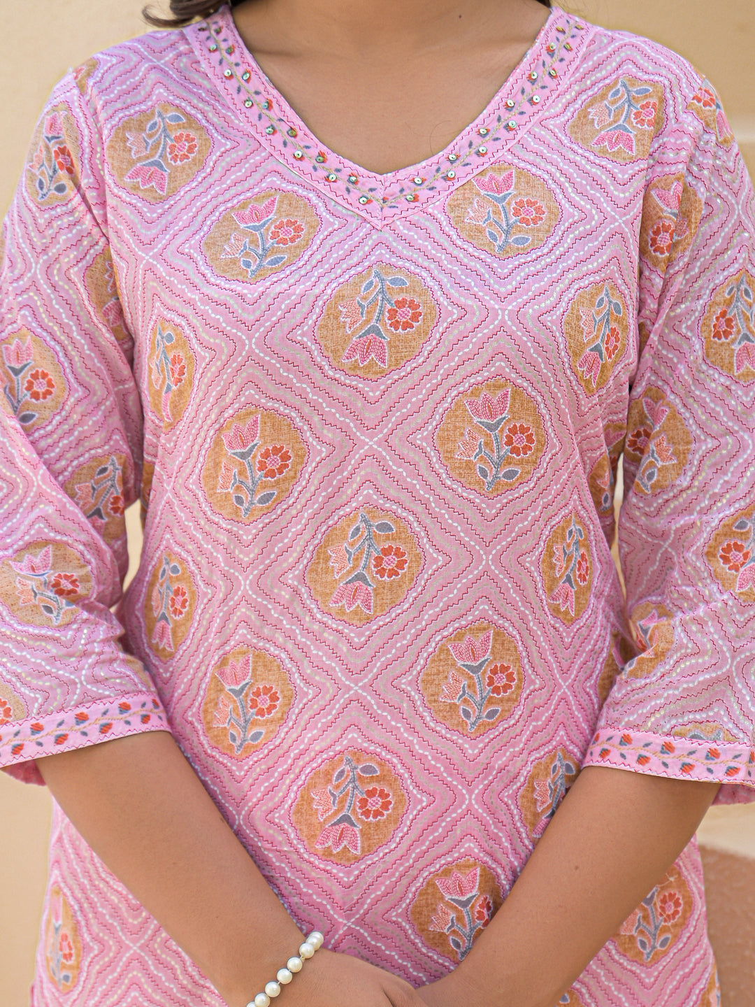 Pink Straight Cotton Printed Kurta With Pant