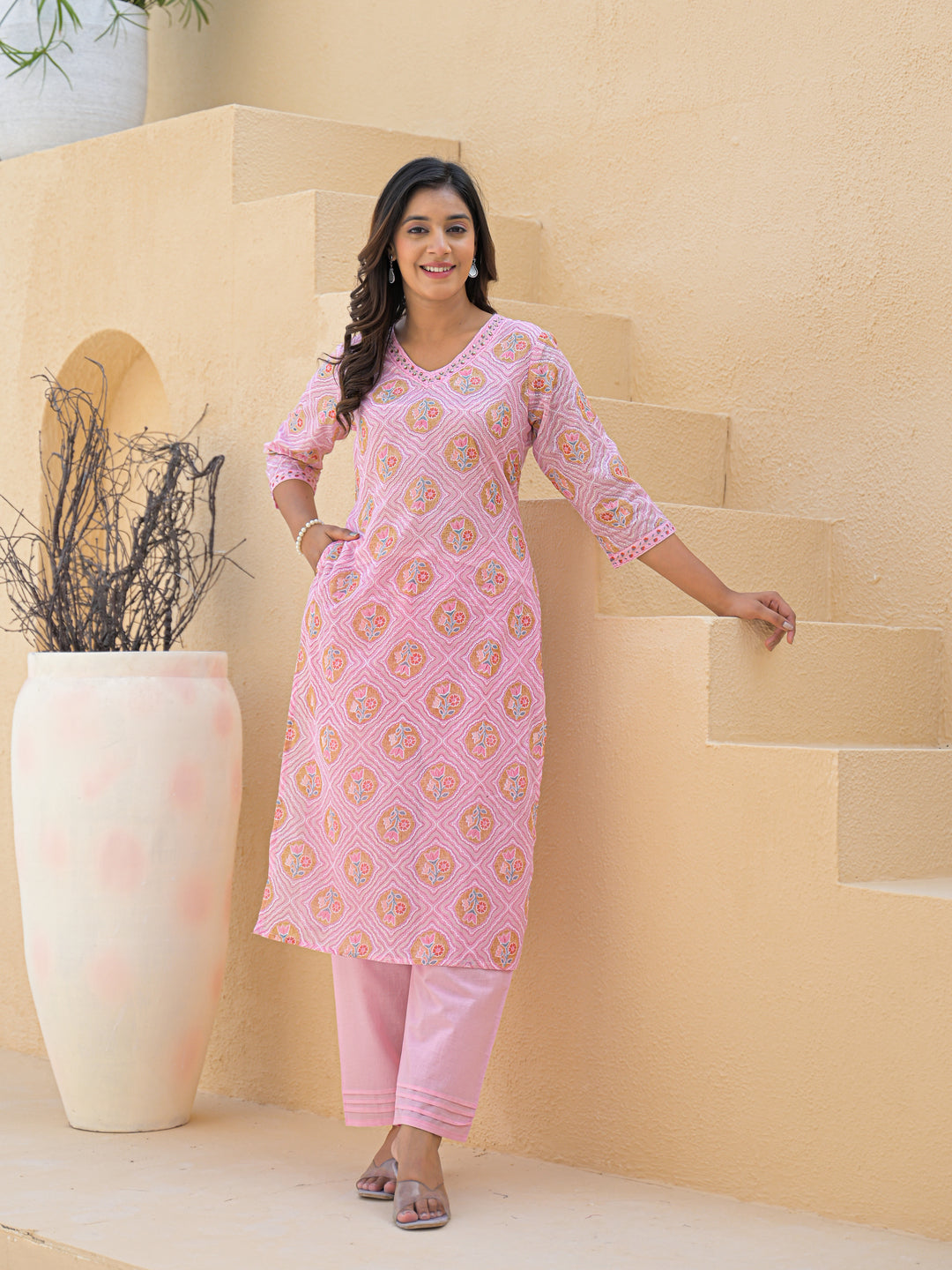 Pink Straight Cotton Printed Kurta With Pant