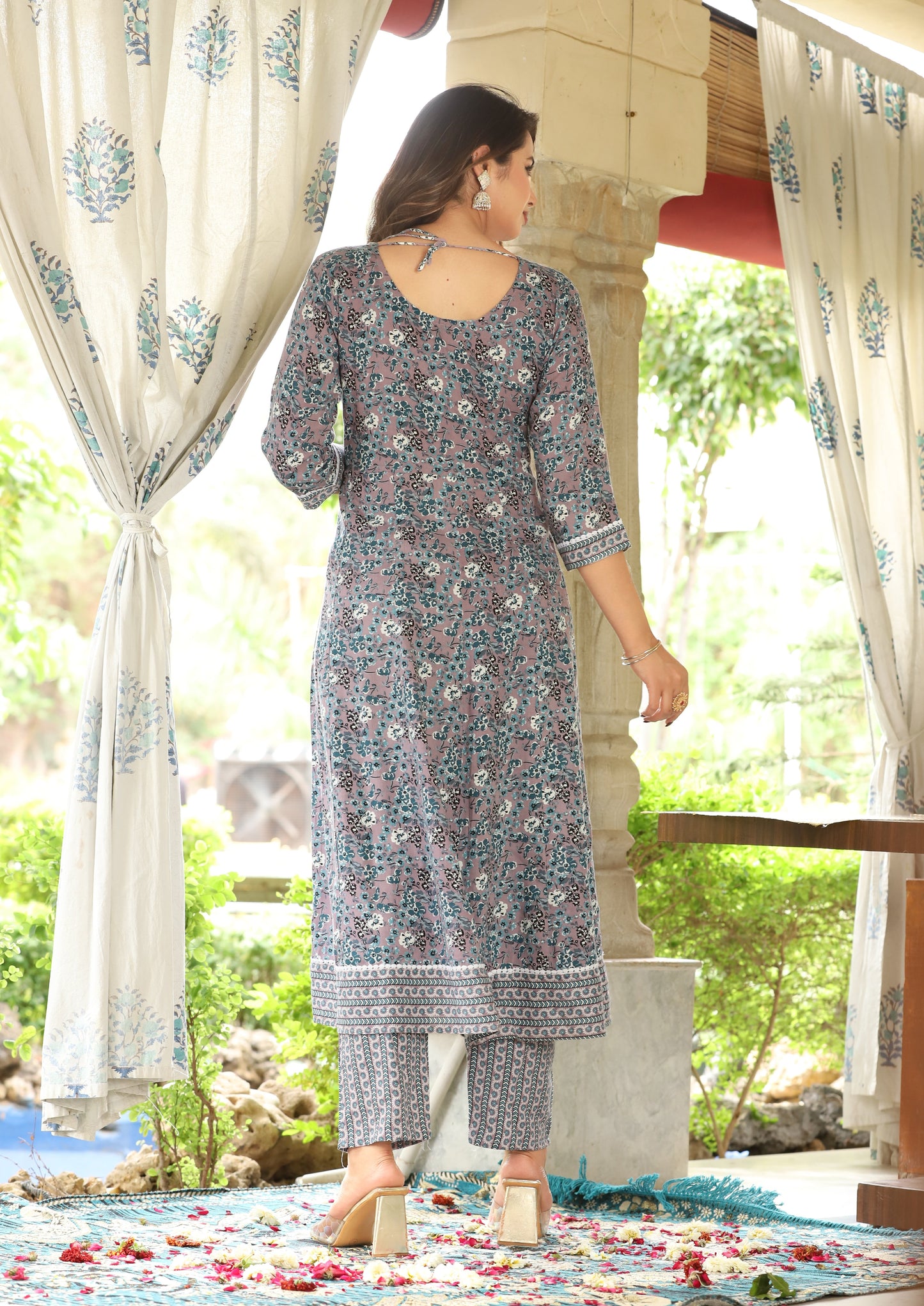 Grey Anarkali Rayon Printed Embroidered Kurta With Pant Dupatta