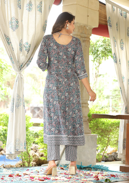 Grey Anarkali Rayon Printed Embroidered Kurta With Pant Dupatta