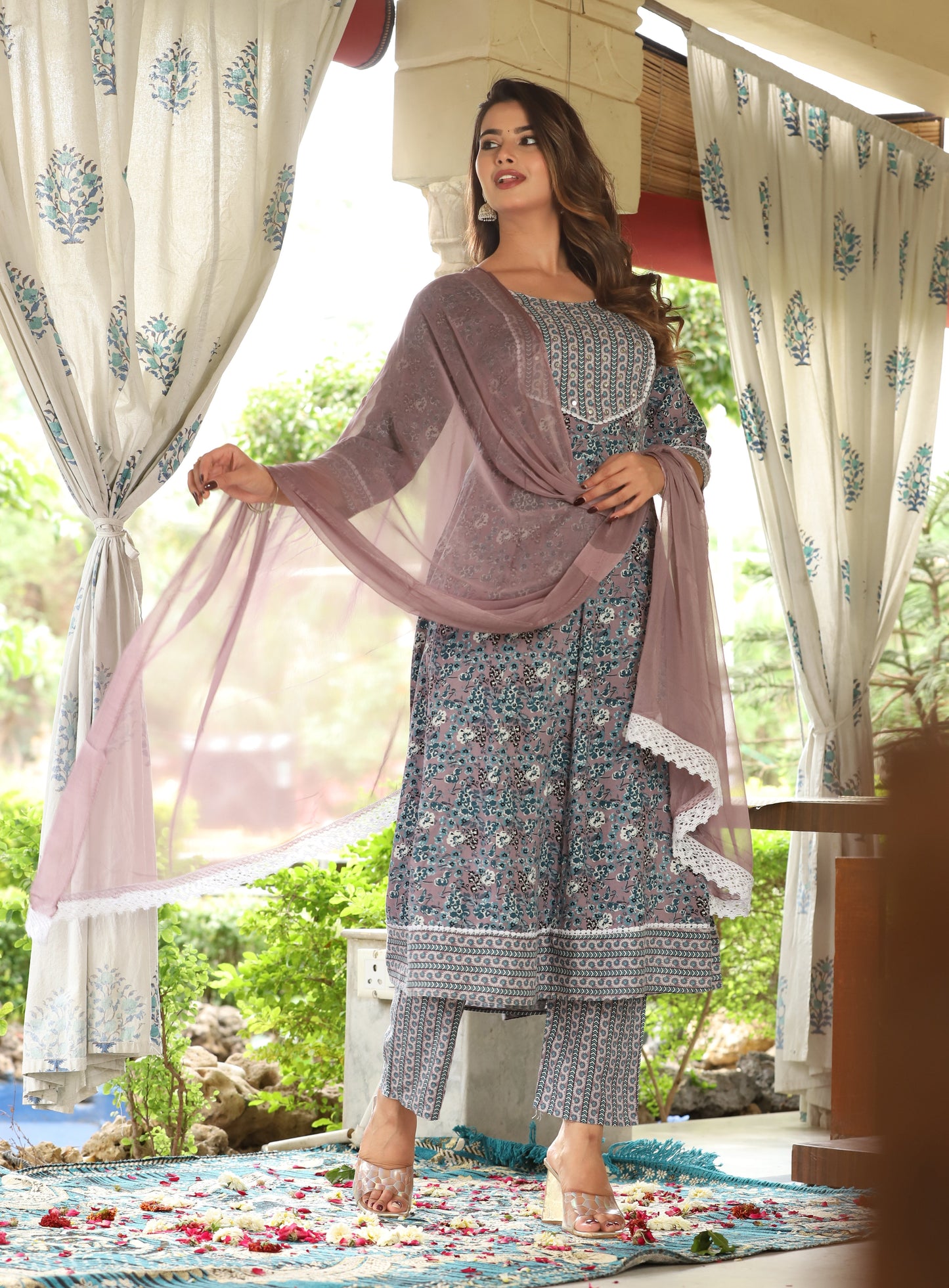 Grey Anarkali Rayon Printed Embroidered Kurta With Pant Dupatta