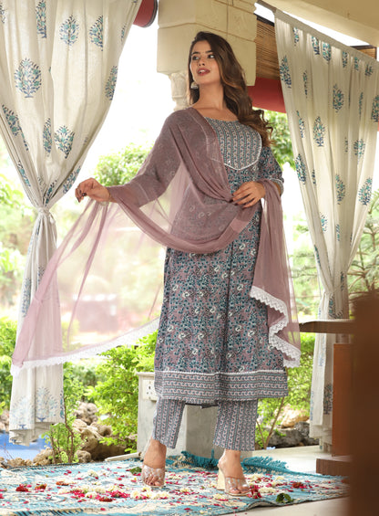 Grey Anarkali Rayon Printed Embroidered Kurta With Pant Dupatta