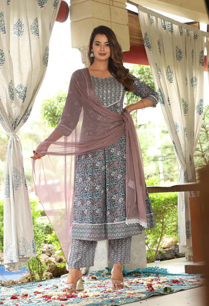 Grey Anarkali Rayon Printed Embroidered Kurta With Pant Dupatta