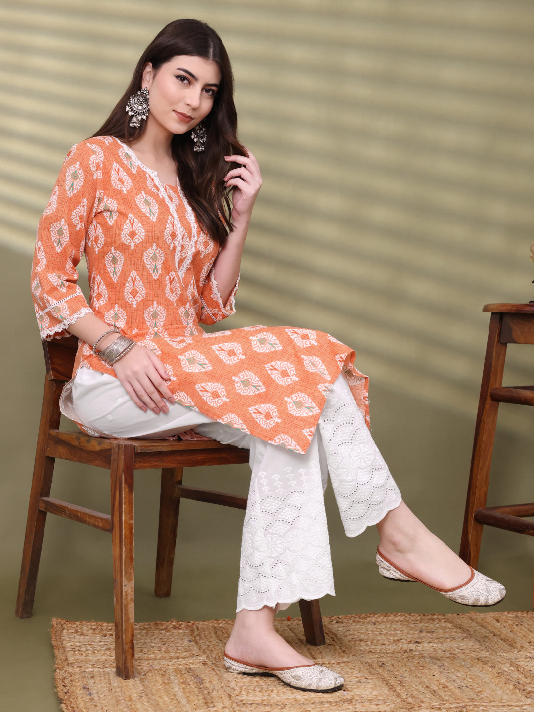 Orange Straight Cotton Printed Kurta For Women