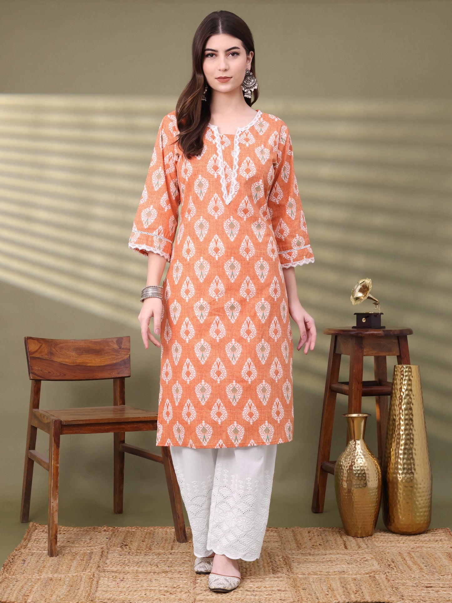 Orange Straight Cotton Printed Kurta For Women