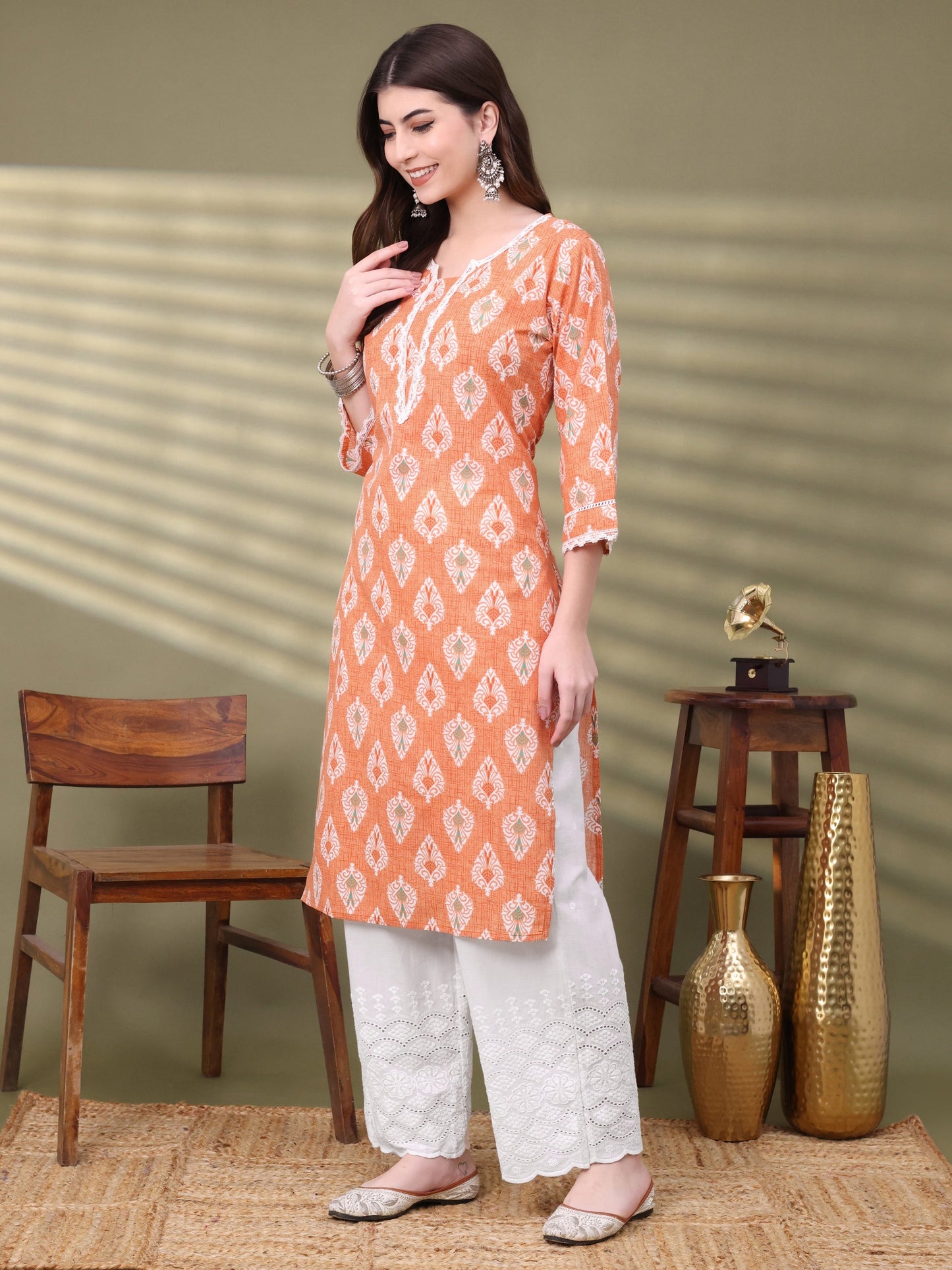 Orange Straight Cotton Printed Kurta For Women