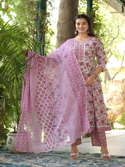Multi Straight Cotton Printed Kurta With Pant And Dupatta