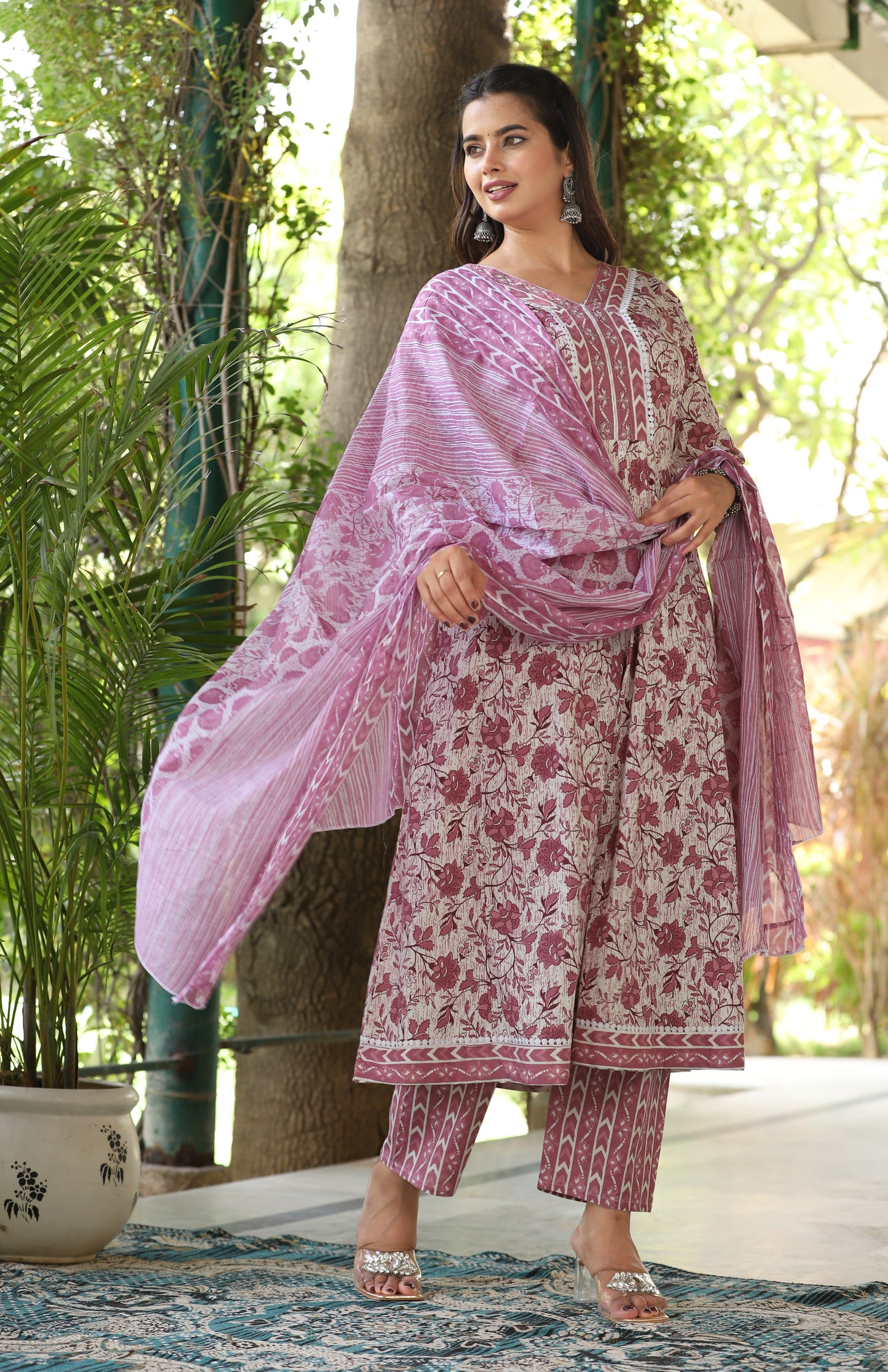 Multi Straight Cotton Printed Kurta With Pant And Dupatta