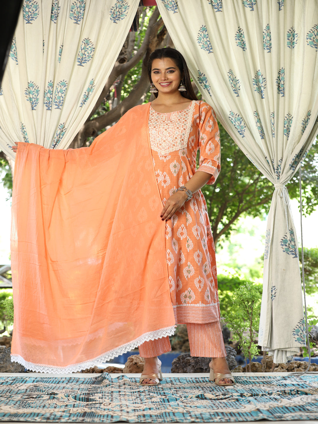 Orange Anarkali Cotton Printed Embroidered Kurta With Pant Dupatta