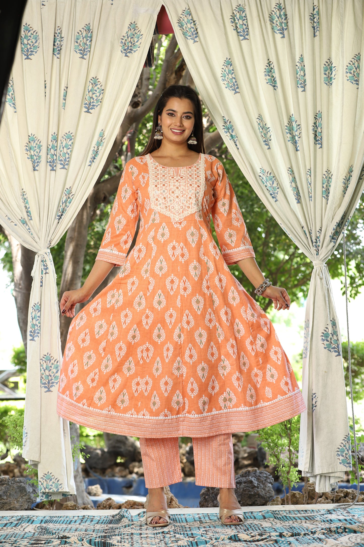 Orange Anarkali Cotton Printed Embroidered Kurta With Pant Dupatta