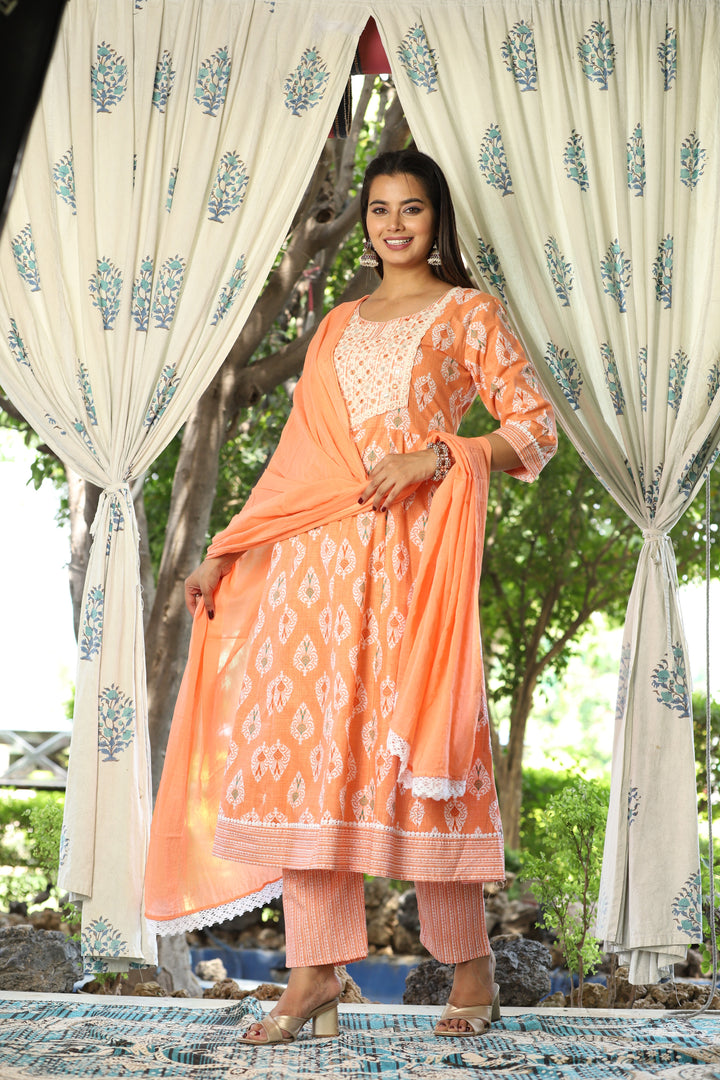 Orange Anarkali Cotton Printed Embroidered Kurta With Pant Dupatta