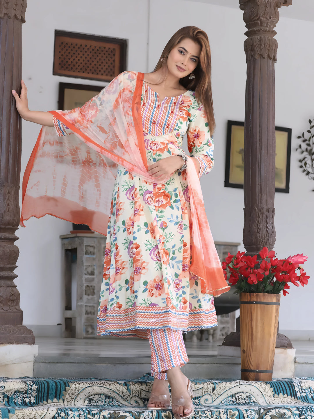 Orange Anarkali Cotton Printd Embroiderd Kurta With Pant And Dupatta
