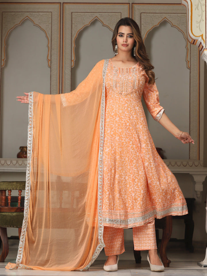 Orange Anarkali Rayon Printed Embroiderd Kurta With Pant And Dupatta