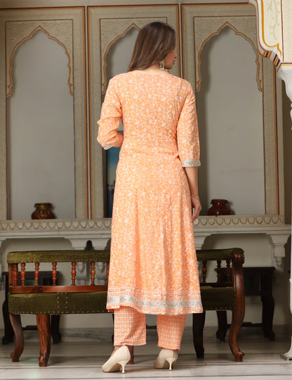 Orange Anarkali Rayon Printed Embroiderd Kurta With Pant And Dupatta