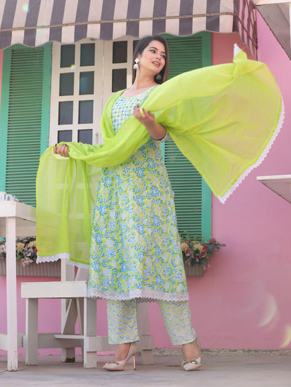 Green Anarkali Cotton Printd Embroiderd Kurta With Pant And Dupatta